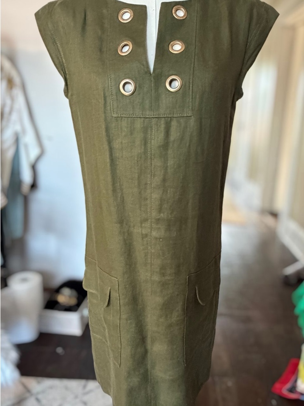 J. Crew Olive Green Linen Eyelet Shift Dress
